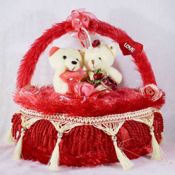 Beautiful Red Decorated Heart Cake Plush Cushion with Love Couple Teddy Bears